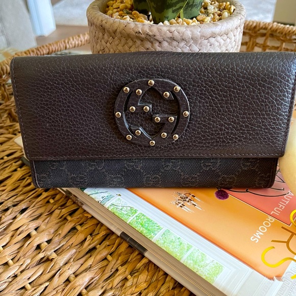 Gucci brown leather and canvas GG wallet